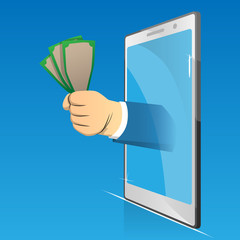 Vector cartoon business, online, e-business concept illustration of a hand holding money comes out from smartphone screen.
