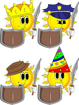 Cartoon knight sun holding a sword and shield. Collection with costume. Expressions vector set.