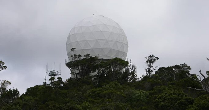 Kauai Hawaii Waimea Canyon radome air traffic control. Air traffic control facility. Kauai is the oldest Hawaiian Island. Garden Isle. Jungle, rain forest, deep valley, high mountains. Technology.