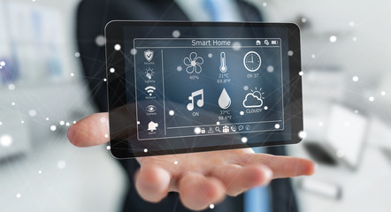 Businessman using smart home remote device 3D rendering