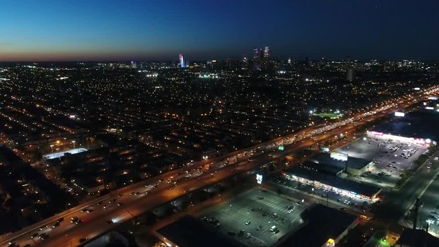Aerial View Flying Through South Philadelphia Towards Center City at Night