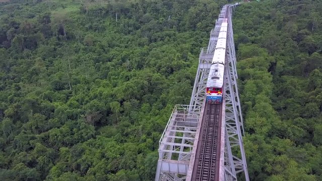The famous viaduct Goteik between Pyin Oo Lwin and Hsipaw in Myanmar.It is the highest bridge in Myanmar.Aerial view from the drone 