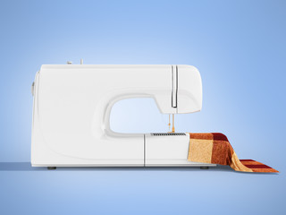 Modern white sewing machine with material for tailoring on the right 3d render on a blue background