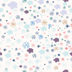 Christmas cute rustic pattern in blue and pink color with snowflakes