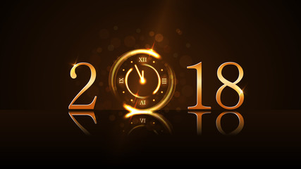 Happy New Year card background. Magic gold clock countdown. Golden numbers 2018. Christmas and New Year night glitter clock. Design decoration. Symbol wish, celebration Vector illustration
