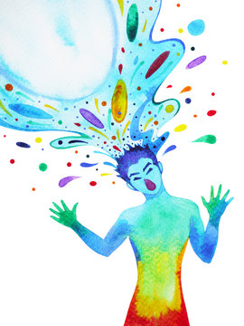 human head, power splash inspiration abstract thought, world, universe inside your mind, watercolor painting
