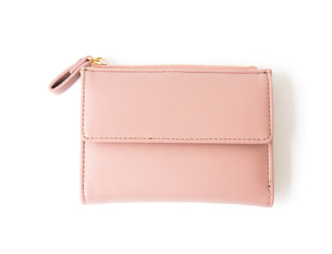 Closeup modern pink woman wallet on white background