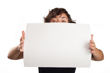  Young woman show white big board for advertising sign. isolated portrait.