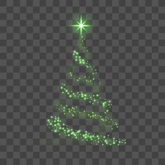 Christmas tree on transparent background. Green Christmas tree as symbol of Happy New Year, Merry Christmas holiday celebration. Light sparkle decoration. Bright shiny design Vector illustration