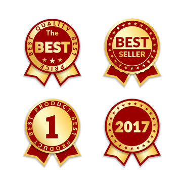 Red ribbon awards best seller of year 2017 set. Gold ribbon award icons isolated white background. Best product label for prize, badge, medal, guarantee quality product Vector illustration