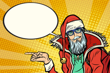 Hipster Santa Claus shows sideways and says comic cloud