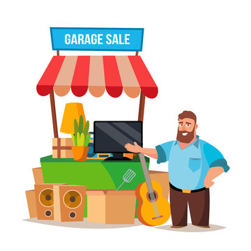Yard Sale Vector. Man Having A Garage Sale. Isolated On White Cartoon Character Illustration