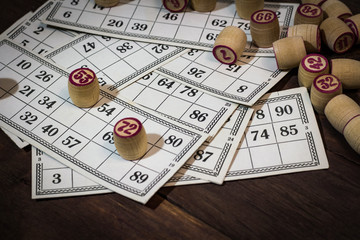 old lotto on a wooden background. Board game
