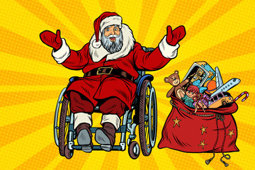disabled Santa Claus is in a wheelchair, Christmas gifts