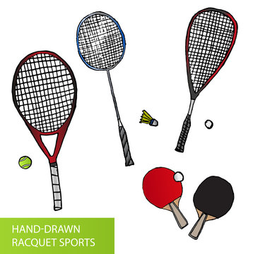 Set of hand-drawn racquet sports - equipment for tennis, table tennis, badminton and squash - rackets and balls