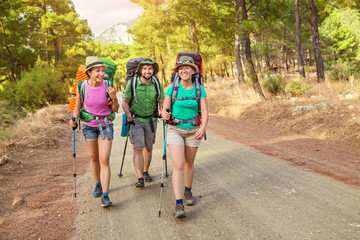 Multinational group of young happy friends students traveling along the Lycian trail with backpacks at the coastal road in the forest. Hiking and trekking in Turkey concept
