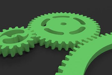 Set of green gears and cogs on black background