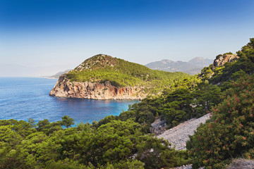 Idyllic Mediterranean landscape with a solitary bay of azure color and mountains covered with pine forest, travel in paradise concept