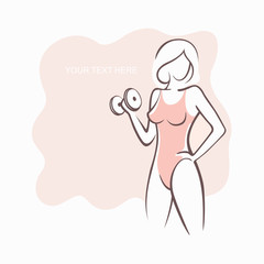 Sporty fit woman in the gym. Picture of a beautiful sexy girl with dumbbells in her hands. Vector illustration of a graphic outline silhouette