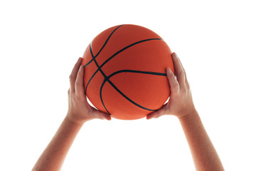 Female hand with basketball ball isolated on white background