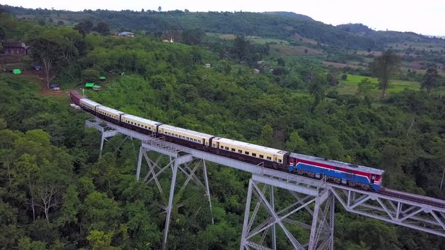 The famous viaduct Goteik between Pyin Oo Lwin and Hsipaw in Myanmar.It is the highest bridge in Myanmar.Aerial view from the drone 