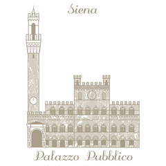 Palazzo Pubblico in Siena in Hand Drawn Style. Vector Isolated Illustration of Famous Landmark - obrazy, fototapety, plakaty