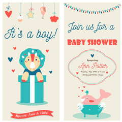 Baby shower double invitation card with a cute dinosaur and happy whale. It is a boy