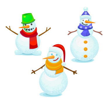 Colorful Snowmen Set. Cute Christmas Characters Collection in Cartoon Style for Cards Banners Design. Vector Illustration