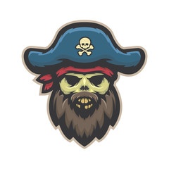 Pirate, the skull of the pirate captain. Isolated on white background, front view. Sticker, logo, mascot. Vector illustration.