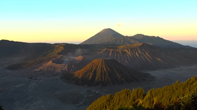 Mount Bromo volcano (Gunung Bromo) during sunrise from viewpoint on Mount Penanjakan, in East Java, Indonesia.