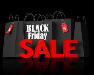 Black bags with the white words "Black Friday" and 3d red text "sale" on black background.