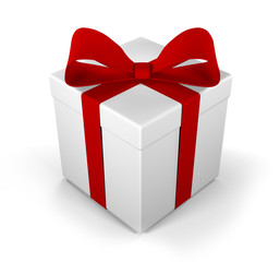 Gift box as a present with red ribbon bow isolated on white background