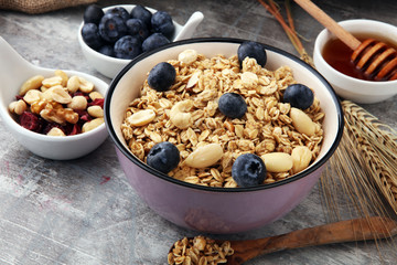 Oat flakes with milk, honey, blueberries, raspberries and nuts.