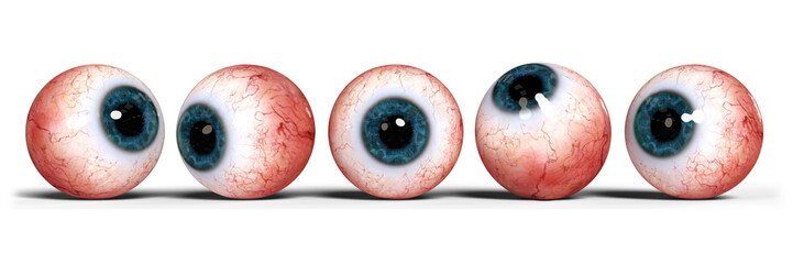 five realistic human eyes with blue iris, isolated on white background 