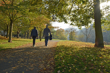 ein paar geht  in herbstlicher landschaft 
