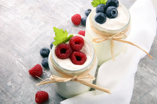 Fresh Yogurt. Breakfast with yogurt and blueberries and raspberrries