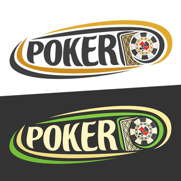 Vector logo for Poker gamble, back of playing card and handwritten word - poker on black, curved lines around casino chip with suits, original font for text - poker on white, gambling drawn decoration