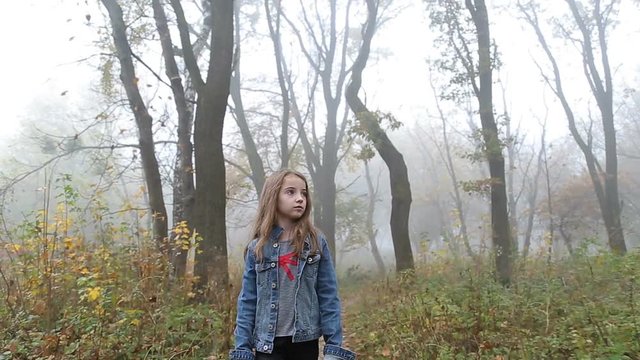Little European girl with a long hair, blue jacket, black pants, sneakers and blue eyes. A frightened little child is walking through the foggy deserted forest. Loneliness. Steady cam front shot.