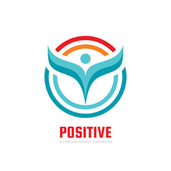 Positive - vector logo template concept illustration. Human character abstract sign and circles. People icon. Man figure symbol. Leaves emblem. Design element.