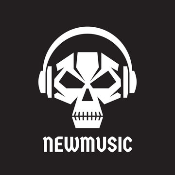 New music - vector logo template concept illustration. Human skull with headphones sign. Death audio sign. Modern sound icon. Design element.