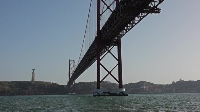 Lisbon Landmarks View From Floating Boat In Tagus River. Lisbon is the capital and the largest city of Portugal