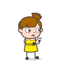 Worried Kid Chatting on Mobile - Cute Cartoon Girl Vector