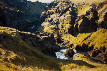 Iceland, mountain river in the gorge, beautiful scenery
