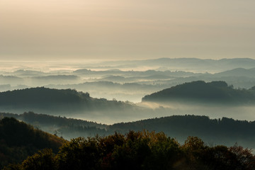 Herbstliche Nebelschwaden zwischen den Hügeln in der Südsteiermark