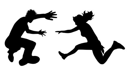 Vector silhouette of people who jump on white background.