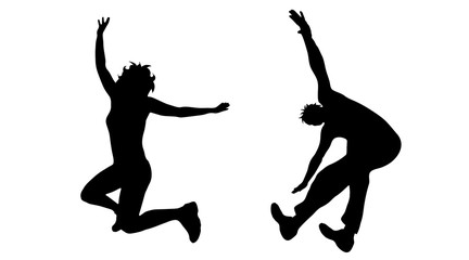 Vector silhouette of people who jump on white background.