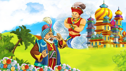 cartoon scene with traveler looking on giant near the castle - illustration for children