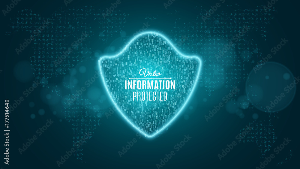 Poster information is protected. blue glowing neon shield made of binary code. neon banner. the system is p
