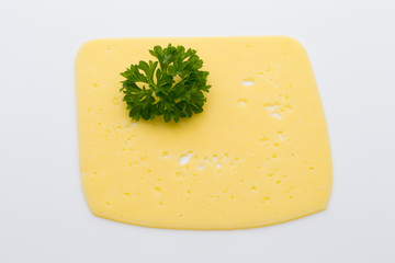 Cheese slices on the white background.