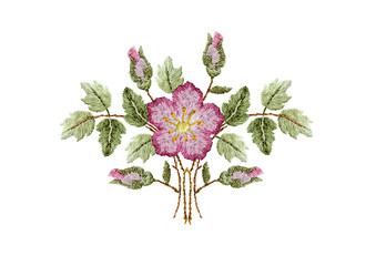 Pattern tender bouquet of branches with leaves,roses and rose buds for embroidery on white background
